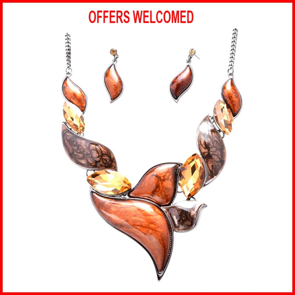 Crystal Floral Petal Leaf Chunky Statement Necklace And Earrings Set